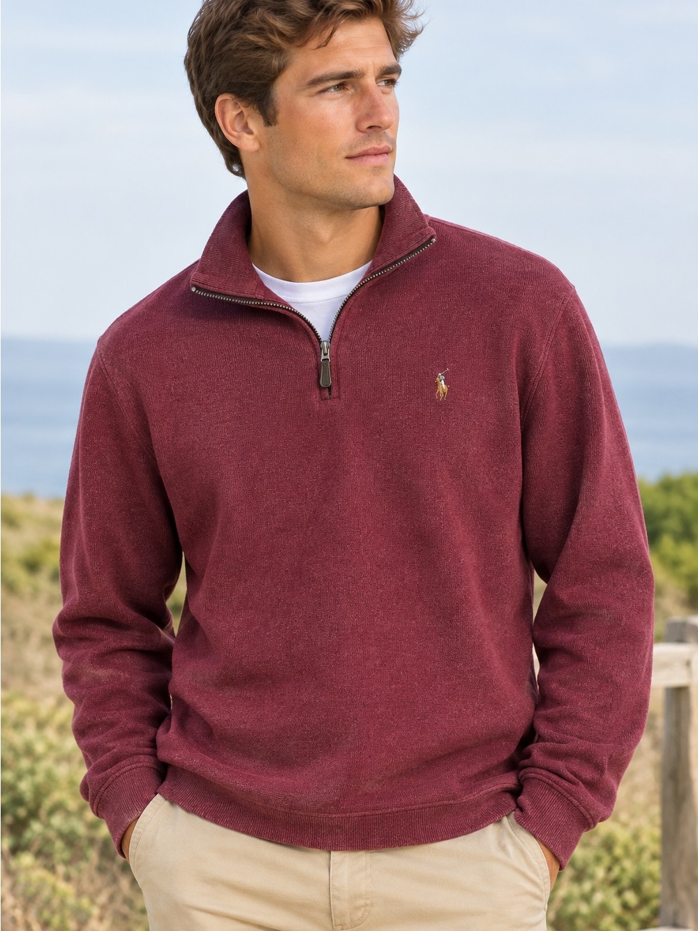 Polo Ralph Lauren Estate Rib Burgundy 1/4 Zip Pullover Sweater